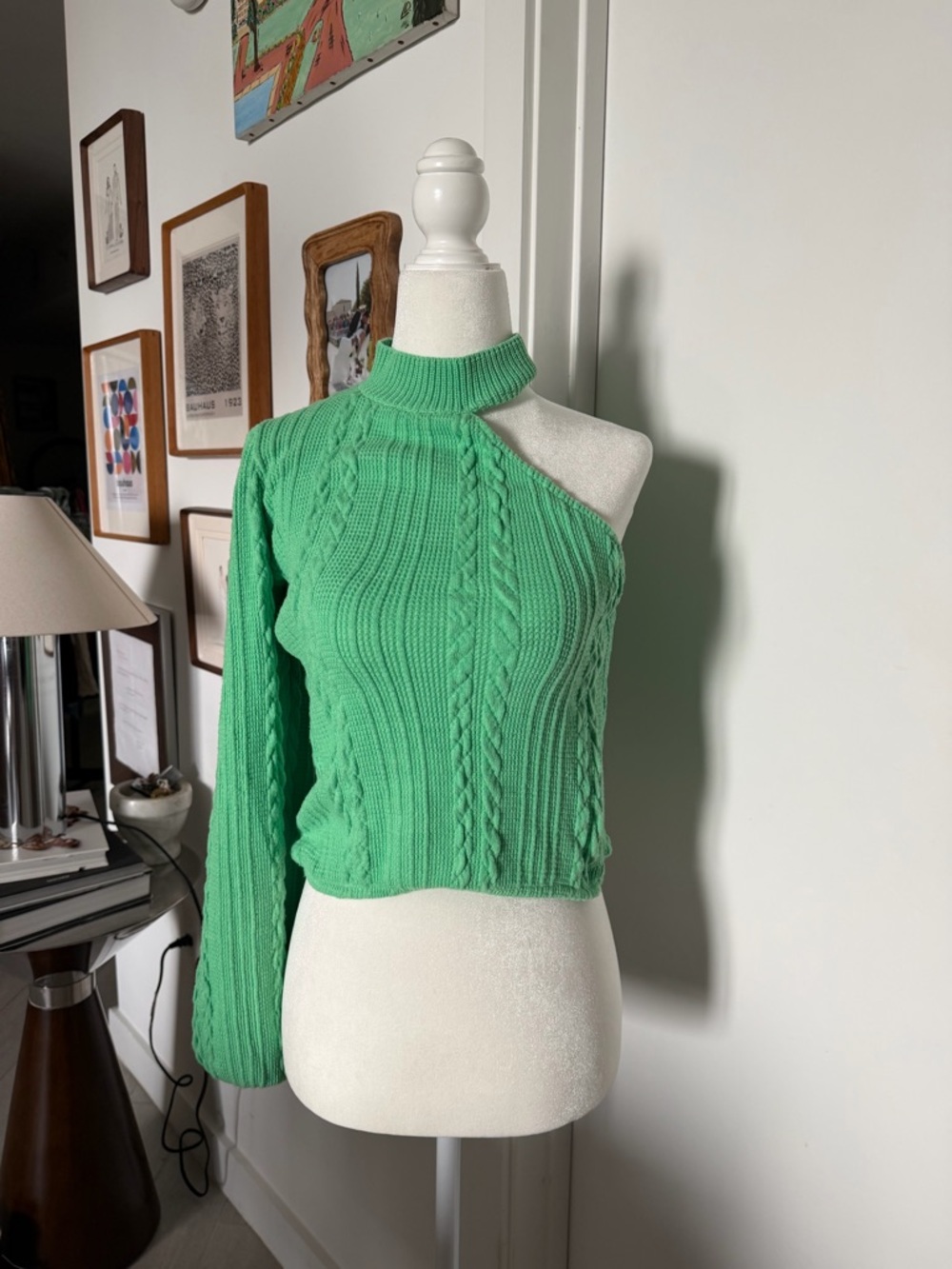 Zara Green One-Shoulder Cable Knit Sweater